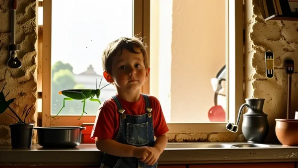 Grillos Pequeños en Casa: Soluciones Efectivas 1 Un niño curioso observa un grillo en cocina