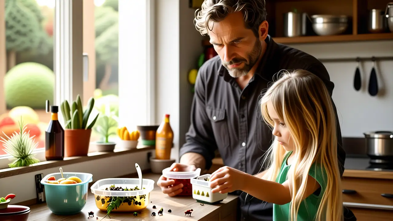 Grillos Pequeños en Casa: Soluciones Efectivas 2 Un hombre preocupado observa una niña en cocina