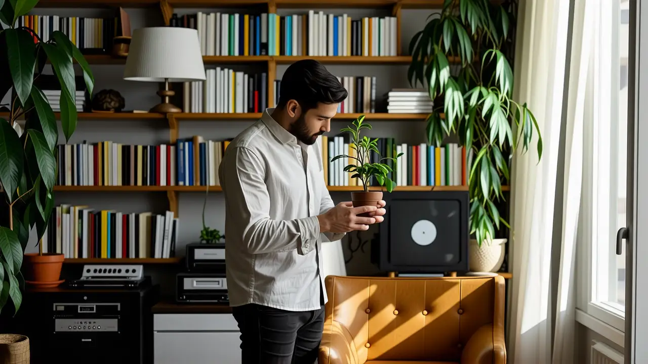 Cómo organizar una habitación pequeña: trucos /think 2 Un hombre caucasiano organiza un espacio escandinavo sereno