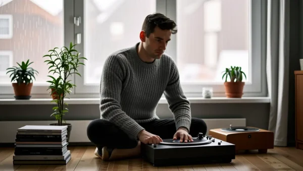 Un hombre melancólico en un espacio minimalista