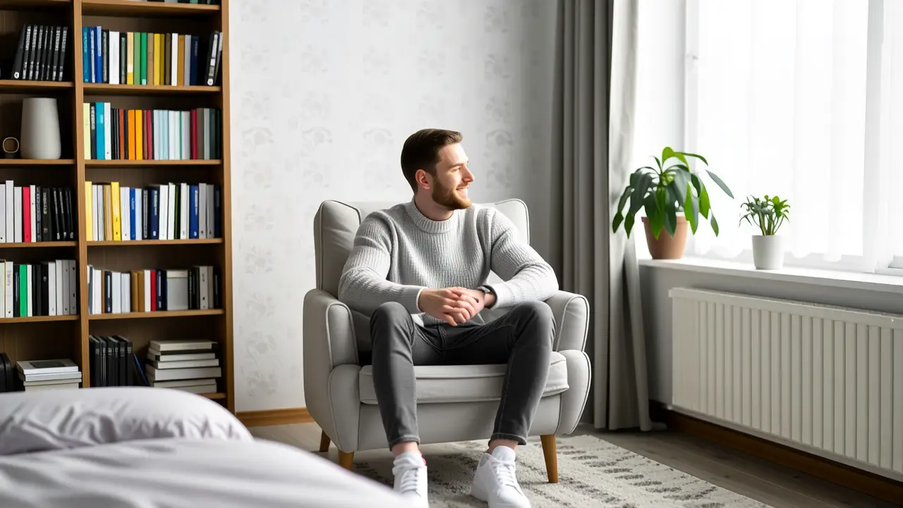 Cómo organizar una habitación pequeña: trucos /think 5 Un hombre relajado en un espacio minimalista y cálido