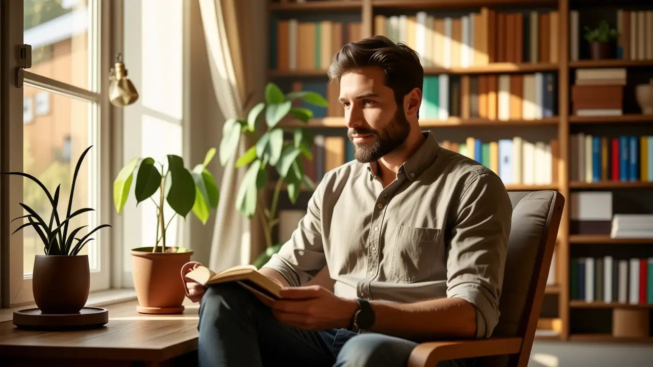 Como organizar: 7 consejos para un hogar ordenado /think 2 Un hombre tranquilo lee en un hogar cálido