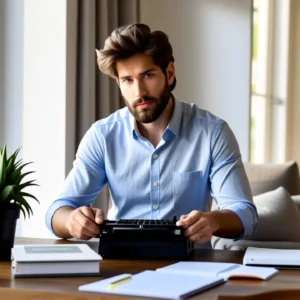 Un hombre pensativo organiza libros en un hogar luminoso