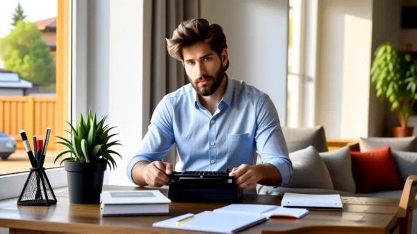 Un hombre pensativo organiza libros en un hogar luminoso