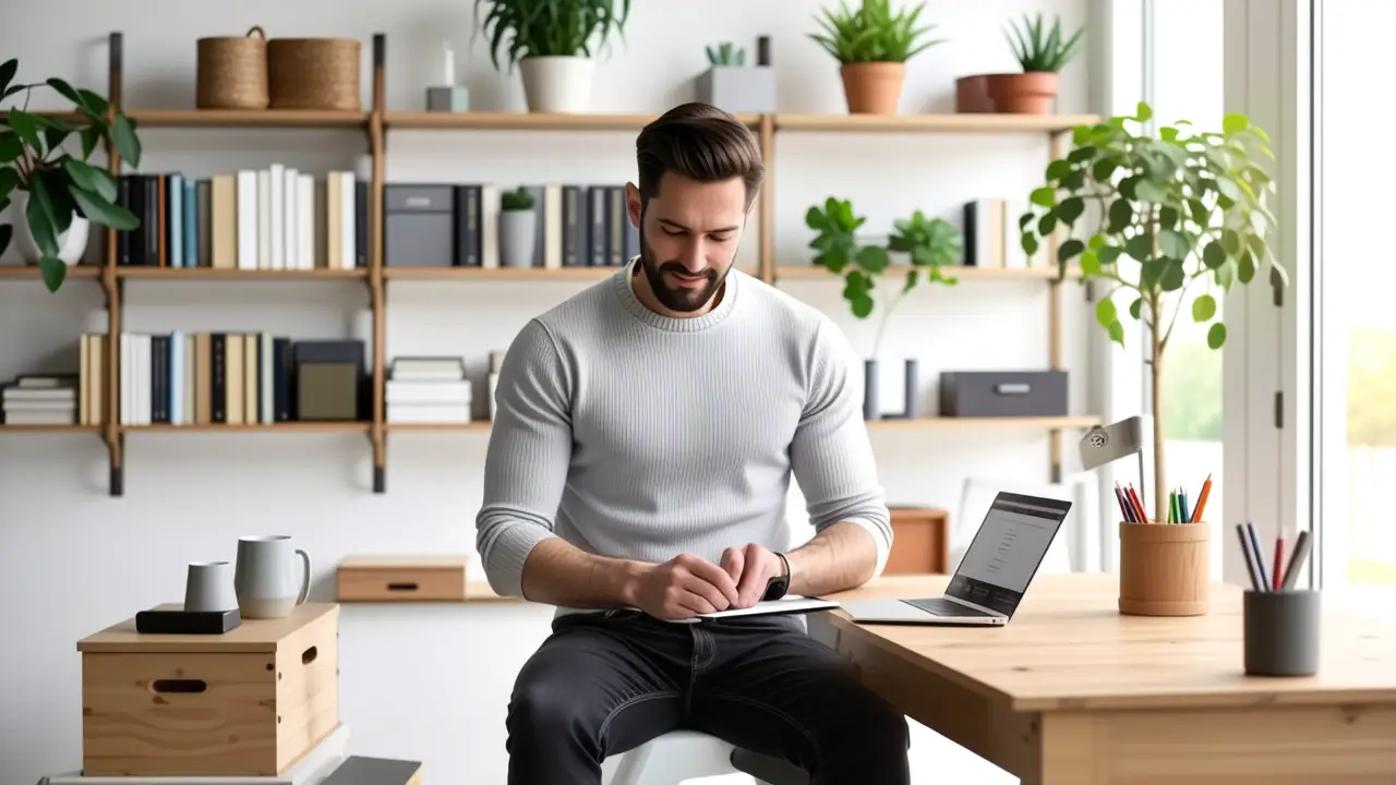 Como organizar: 7 consejos para un hogar ordenado /think 5 Un hombre pensativo organiza objetos en un hogar minimalista