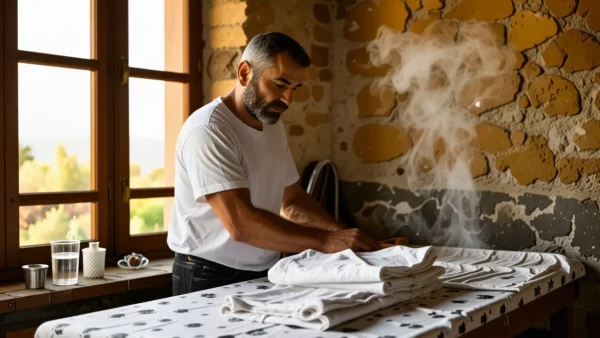 Un hombre español amable suaviza una camisa en casa
