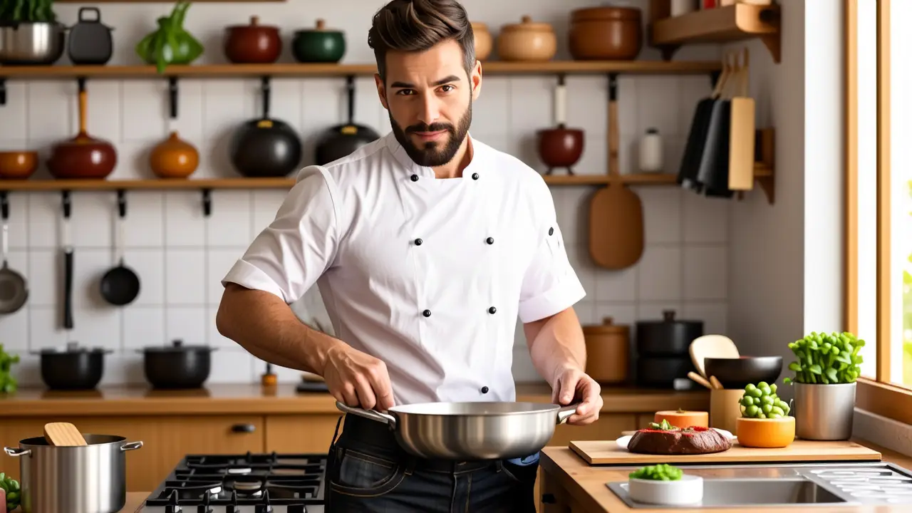 Planchar Ropa Sin Plancha: Guía Fácil 3 Un hombre español realista cocina con confianza