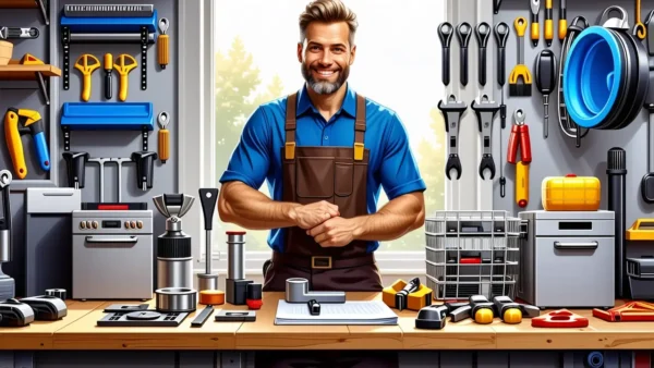 Un hombre sonríe mientras trabaja en taller