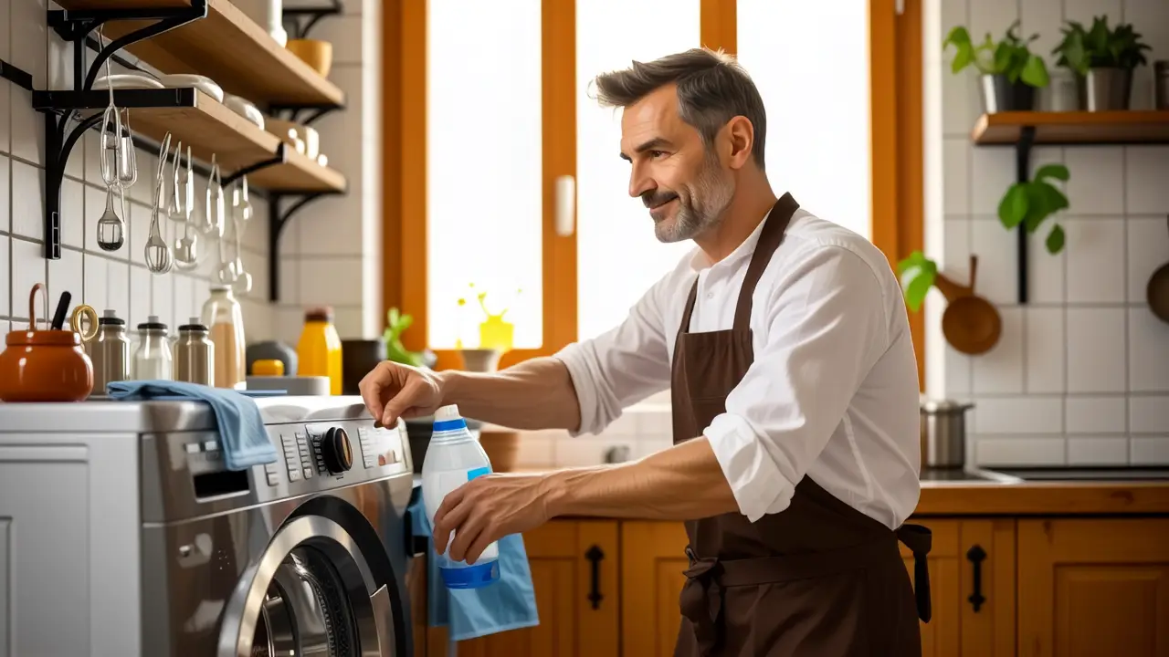 Un hombre español examina una lavadora en casa