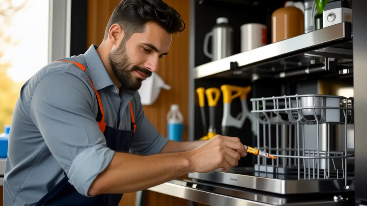Un hombre examina un lavavajillas en taller