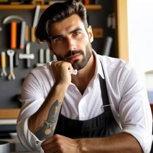 Un hombre pensativo puliendo metal en luz cálida