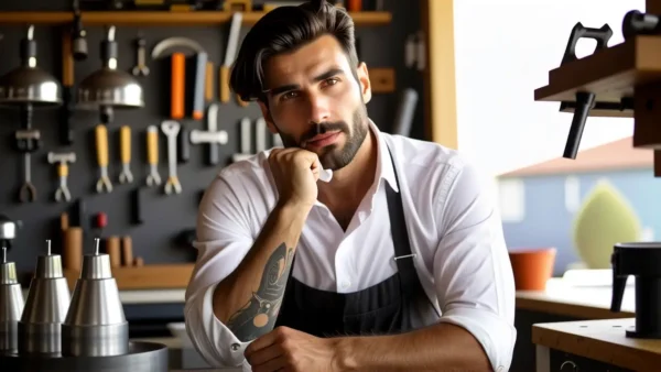 Un hombre pensativo puliendo metal en luz cálida