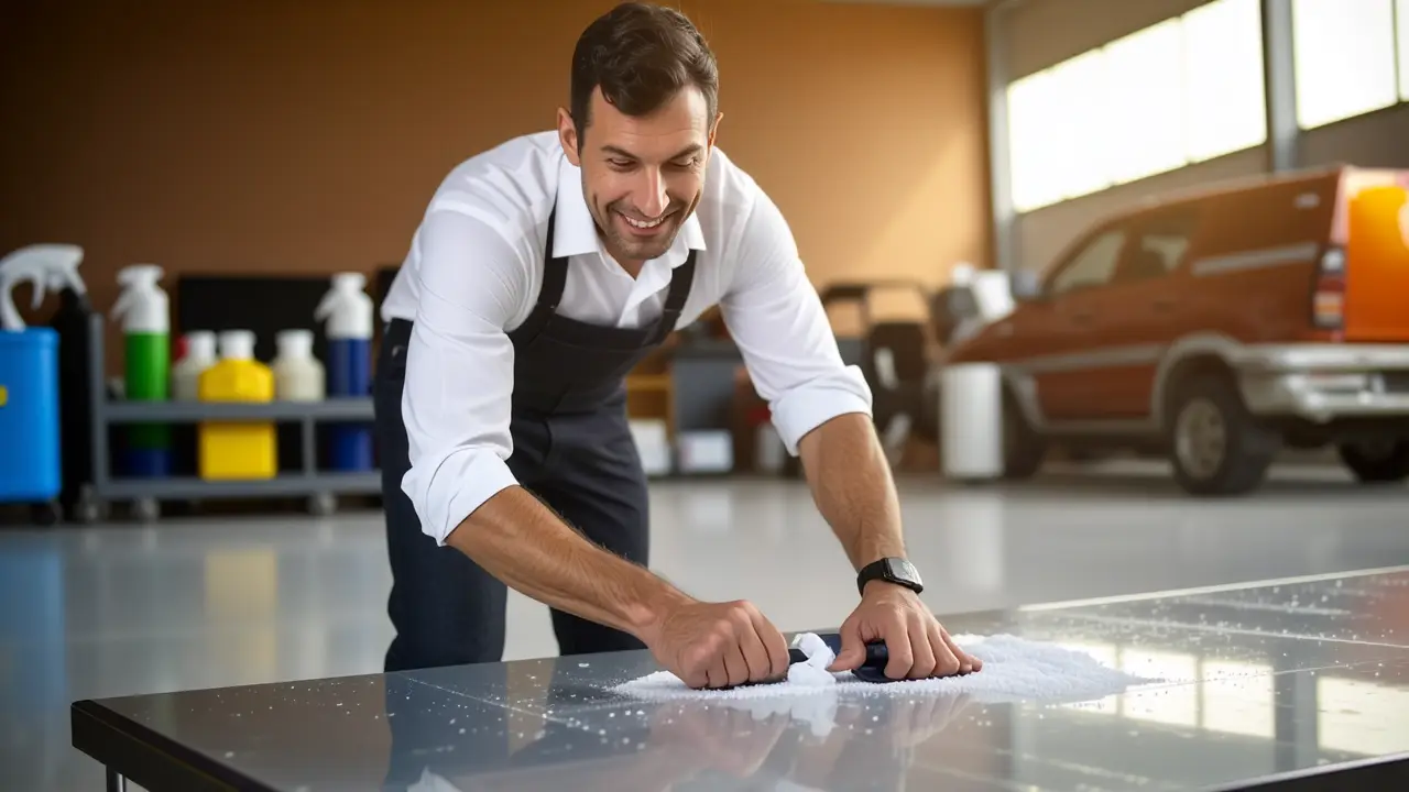 Un hombre puliendo aluminio brilla en estudio