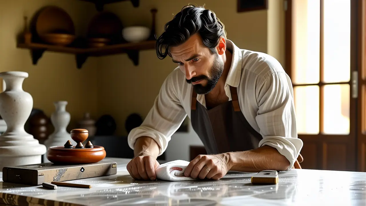 Pulir Marmol: Guía Completa para Brillo y Mantenimiento 4 Un hombre elegante puliendo mármol en luz suave