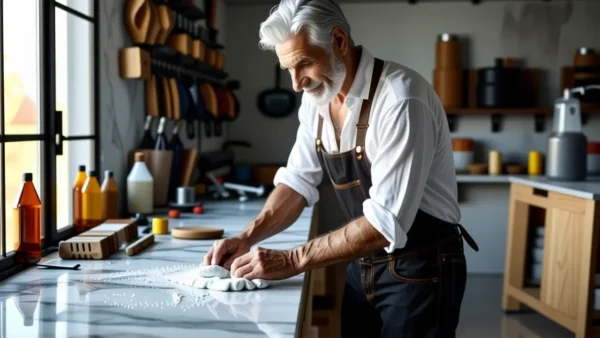 Un hombre elegante refleja luz en mármol