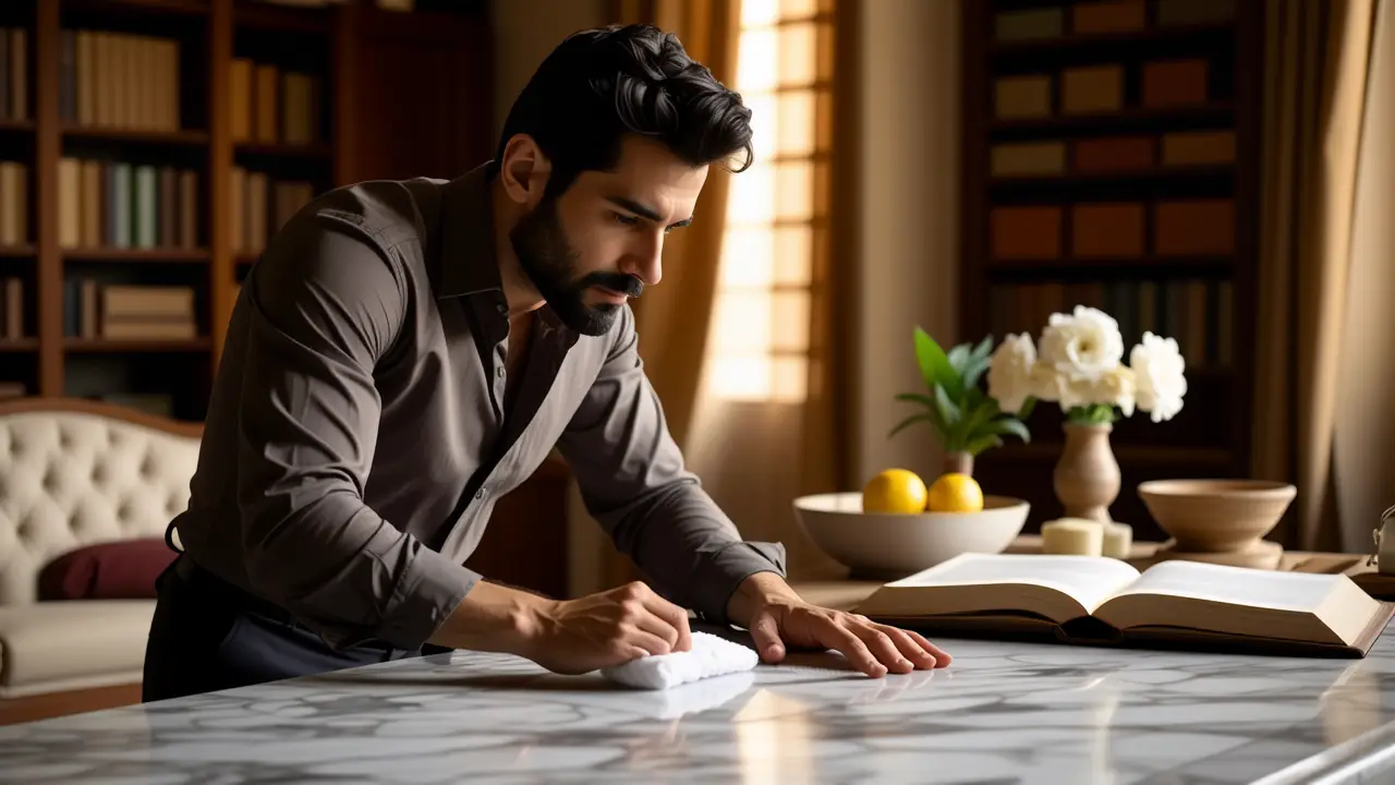 Pulir Marmol: Guía Completa para Brillo y Mantenimiento 5 Un hombre sabio limpia la elegancia clásica