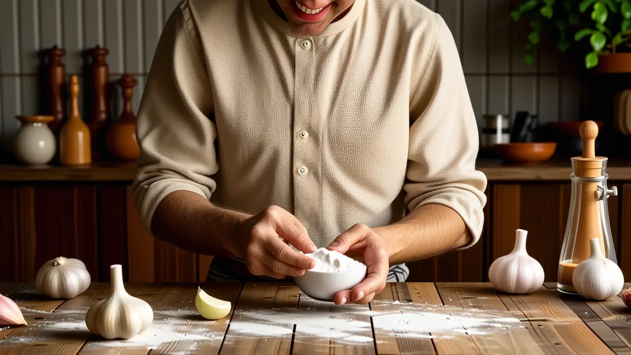 Un hombre sonríe en una cocina rústica
