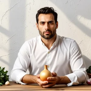 Un hombre en luz cálida sostiene vegetales