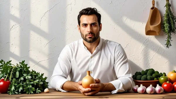 Un hombre en luz cálida sostiene vegetales