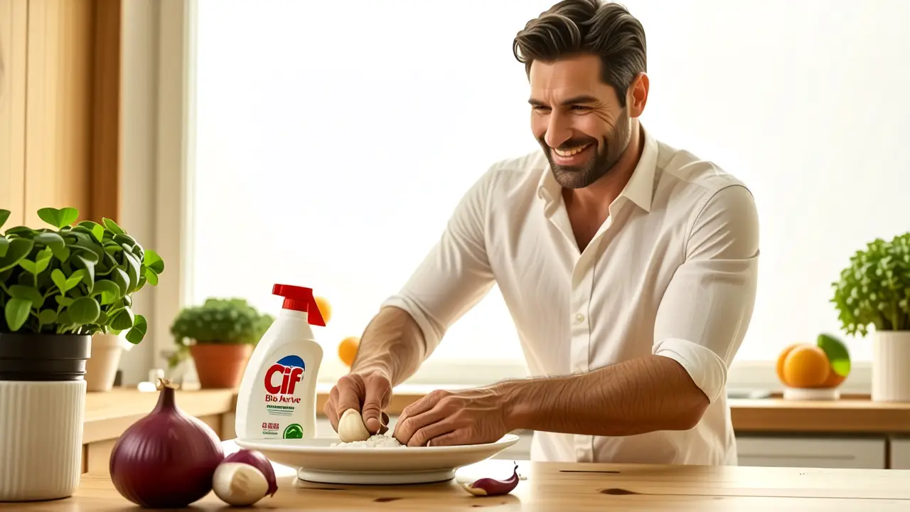 Un hombre scrubba una placa blanca con Cif