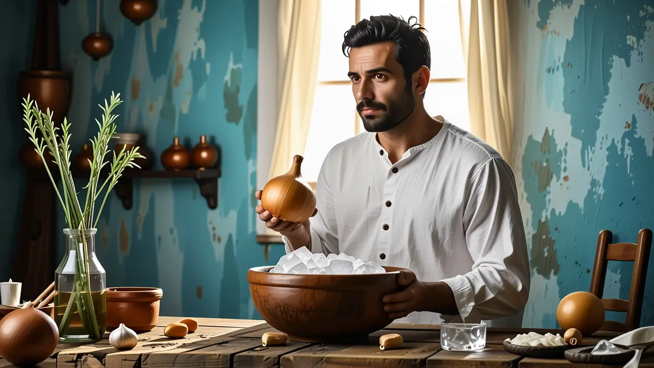 Un hombre pensativo sostiene una cebolla en un ambiente tranquilo