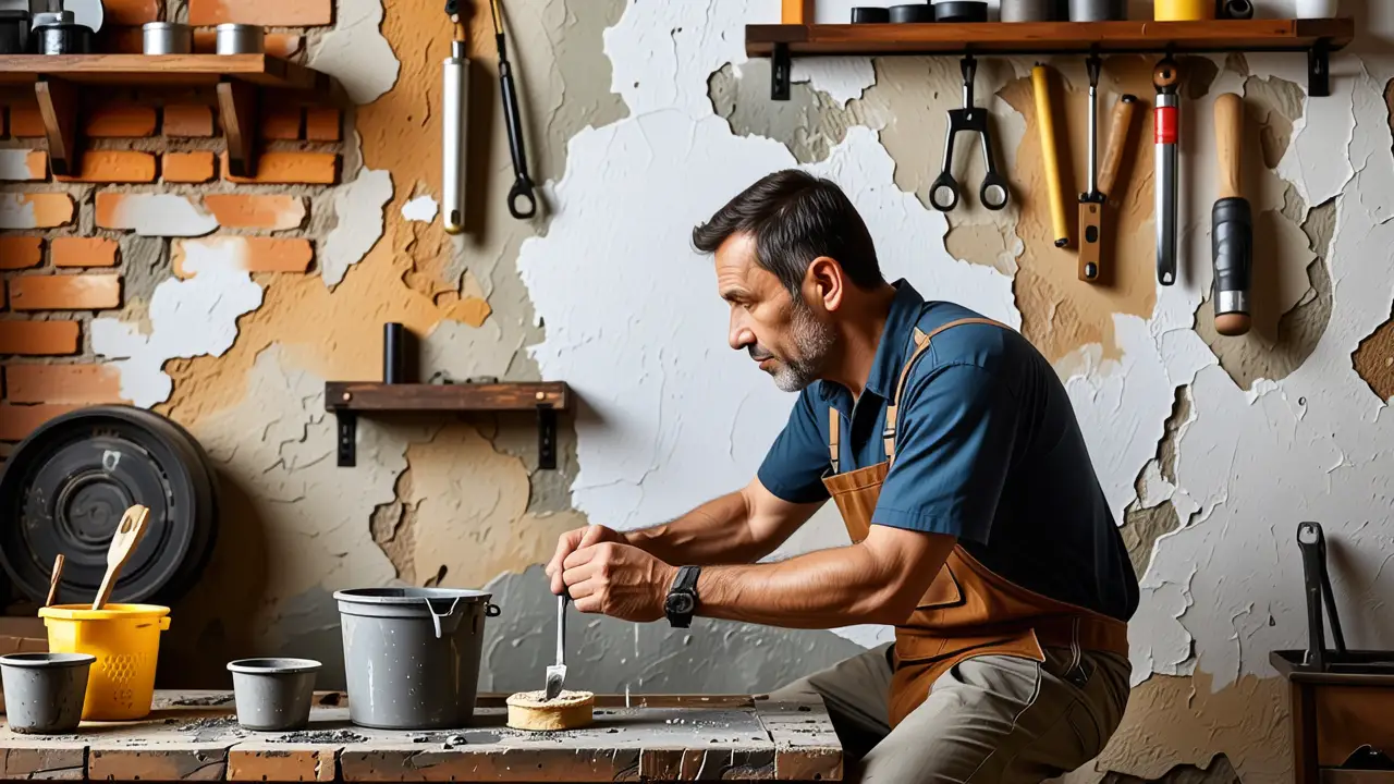 Como quitar cemento seco: guía completa y fácil 5 Un hombre trabaja diligentemente en un taller rústico