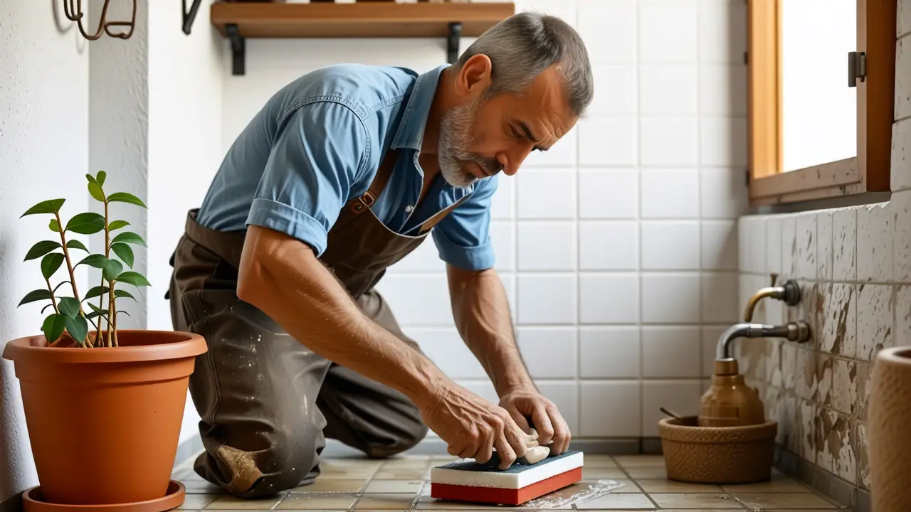 Como quitar cemento seco: guía completa y fácil 2 Un hombre español limpia con determinación en su baño rústico