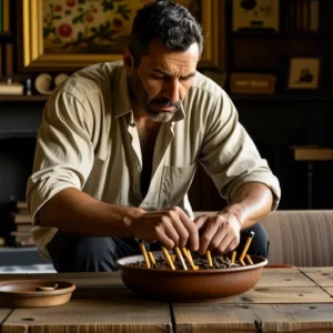 Un hombre melancólico limpia un hogar antiguo