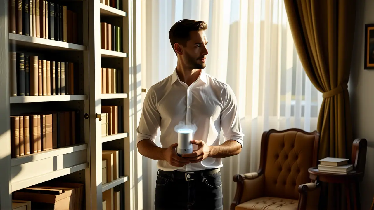 Como quitar olor a tabaco en casa y nadie fuma 4 Un hombre pensativo observa su purificador en luz cálida