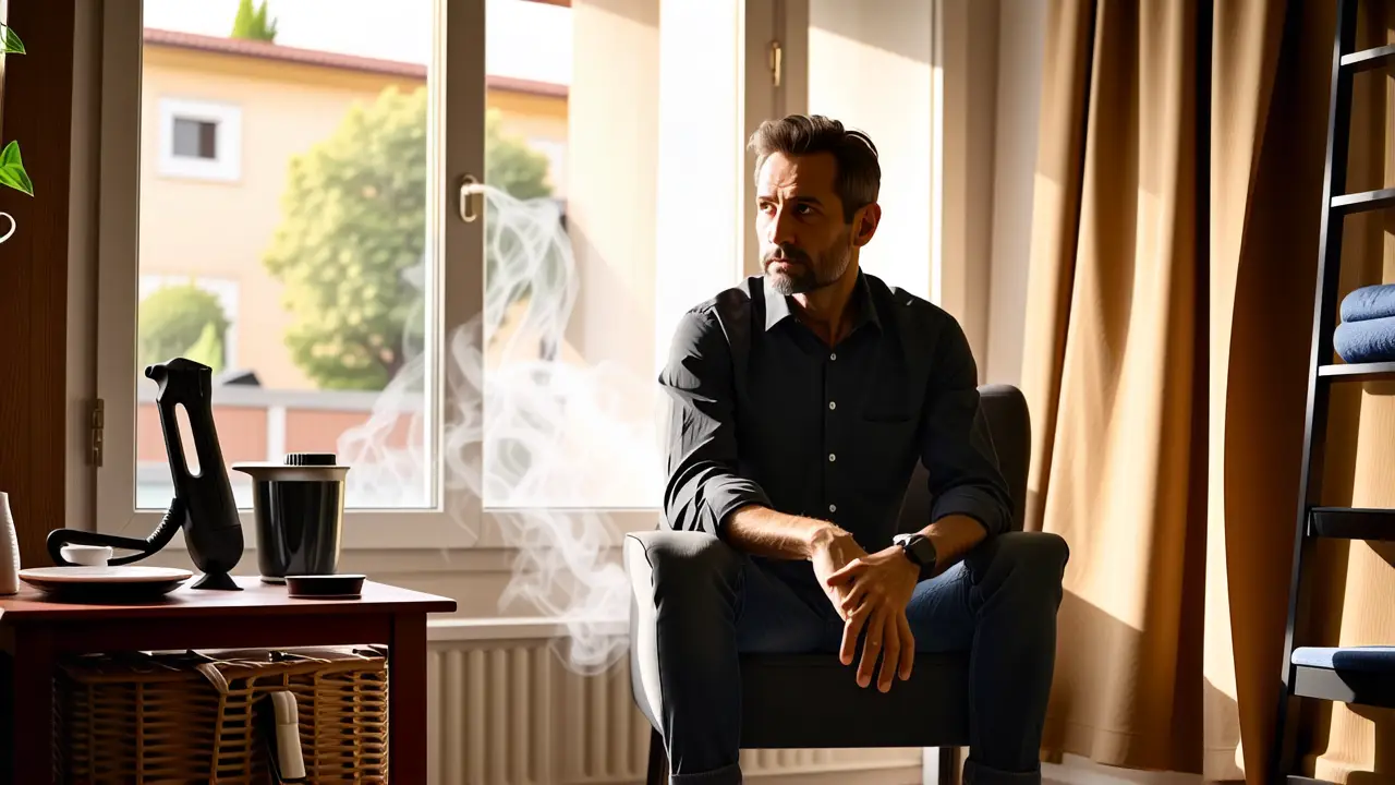 Como quitar olor a tabaco en casa y nadie fuma 3 Un hombre reflexivo contempla limpieza textil en casa
