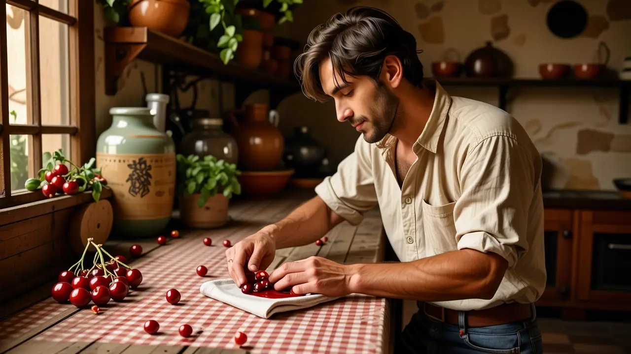 Como quitar manchas de cereza: guía fácil y efectiva 2 Un hombre español realista limpia una mancha de cereza