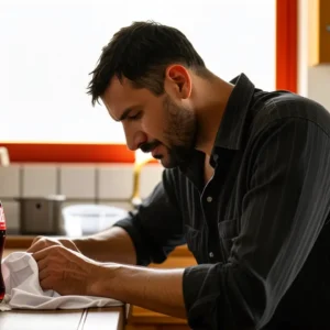 Un hombre pensativo limpia una mancha de cola