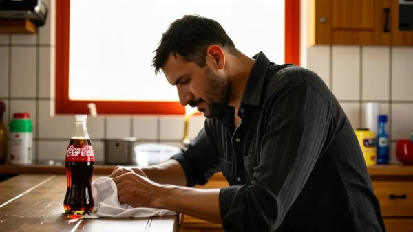 Un hombre pensativo limpia una mancha de cola