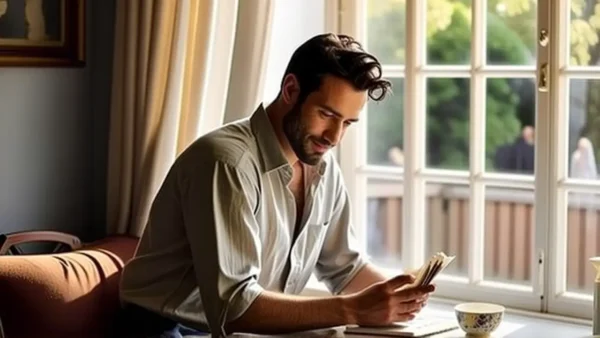 Un hombre tranquilo lee en la luz dorada