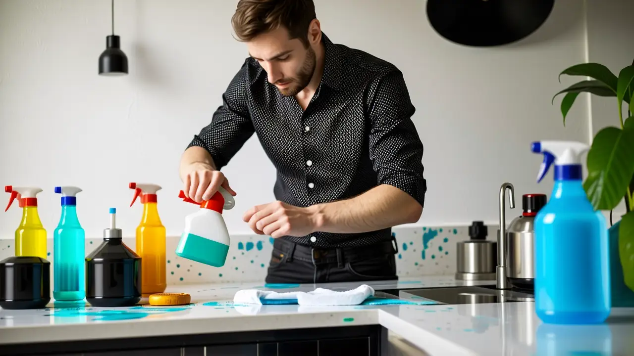 Un hombre limpia con preocupación en cocina