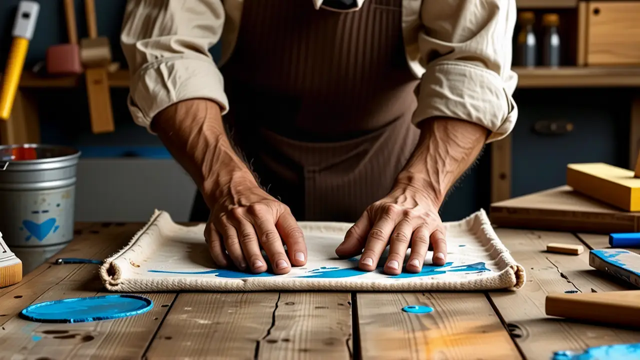 Un hombre limpiando manos en un taller rústico