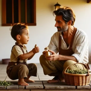 Un hombre y niño comparten confianza rural