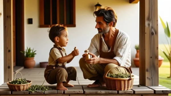 Un hombre y niño comparten confianza rural