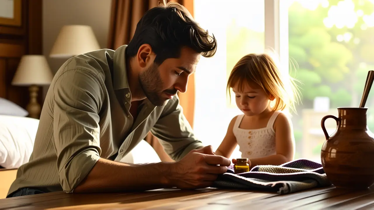 Un hombre serio cura una manta con serenidad