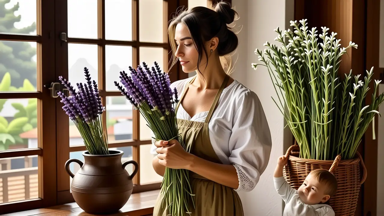 Una mujer pensativa disfruta la luz del sol con hierbas