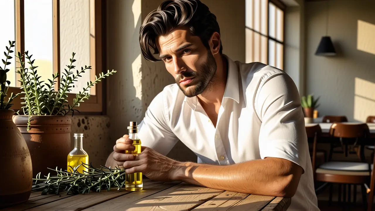 Un hombre serio sostiene aceite de lavanda