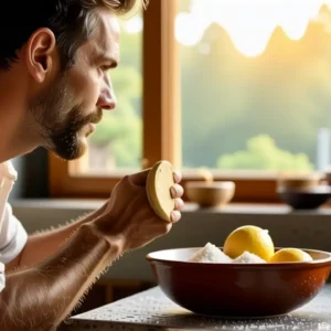 Como quitar sarro: métodos caseros efectivos 11 Un hombre pensativo usa un pincel en un baño rústico