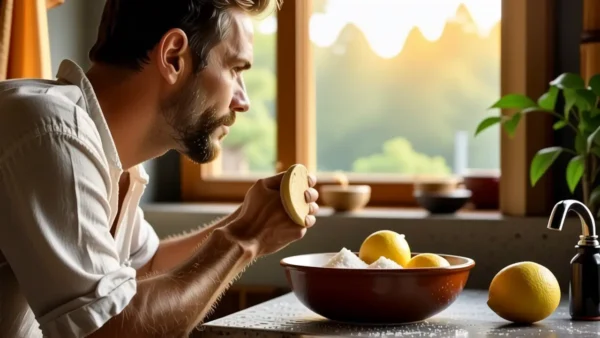 Un hombre pensativo usa un pincel en un baño rústico