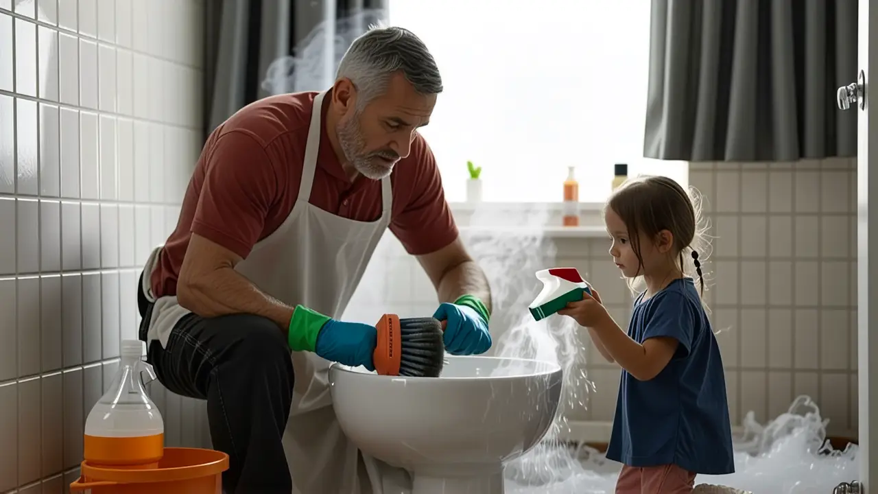 Un hombre limpia con determinación en un baño antiguo