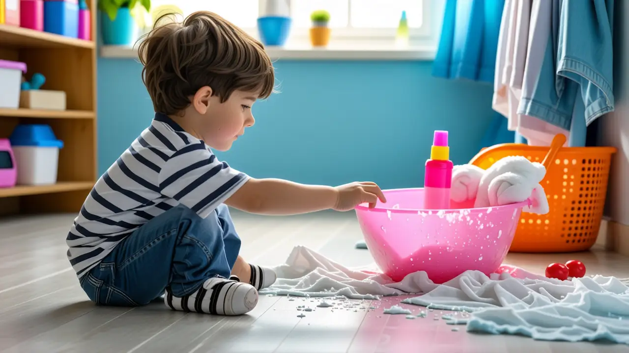 Como quitar slime de la ropa: ordenatriz fácil 2 Un niño examina slime en una lavandería suave