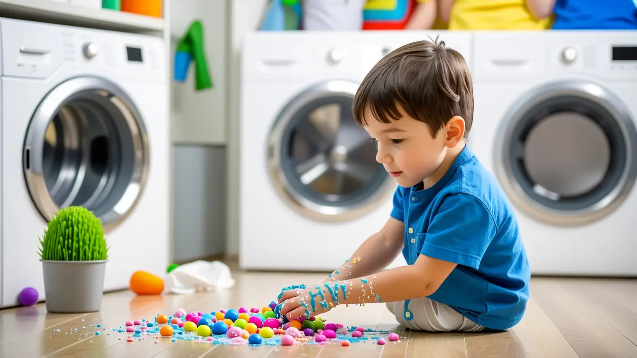 Como quitar slime de la ropa: ordenatriz fácil 3 Un niño busca slime en una lavandería