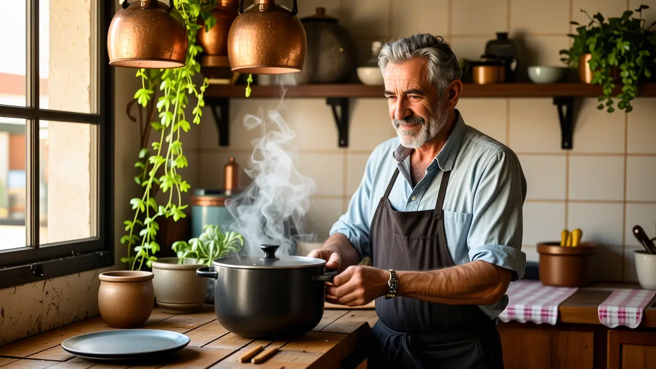 Un hombre español reflexivo sostiene una olla vintage