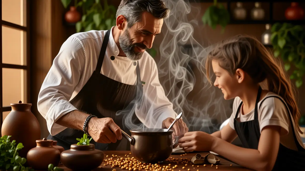 Un cocinero ayuda a una niña en cocina