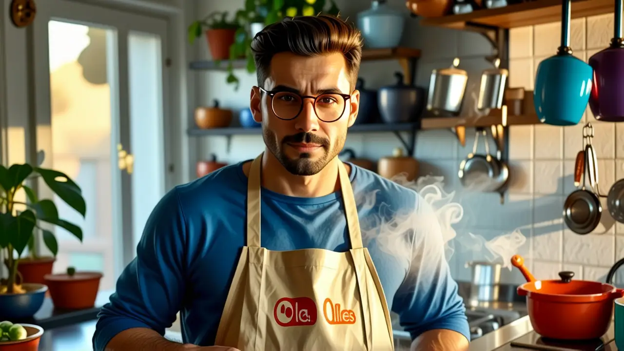 Hombre preocupado entrega comida en cocina