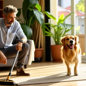 Un hombre amable con perro en casa